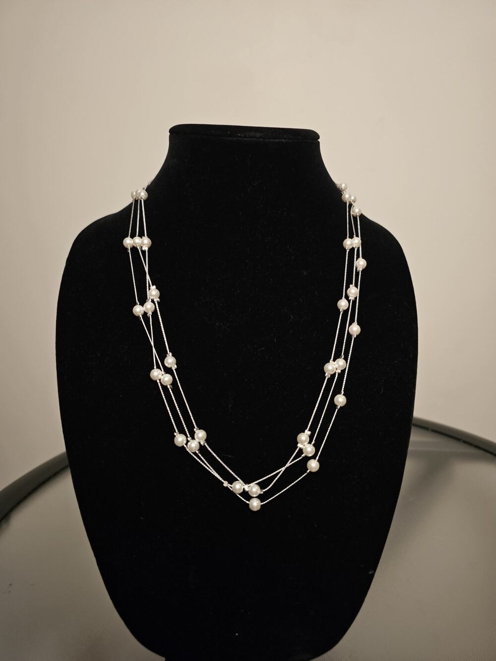 Extra Long Pearl Strand on Silver Tone Chain